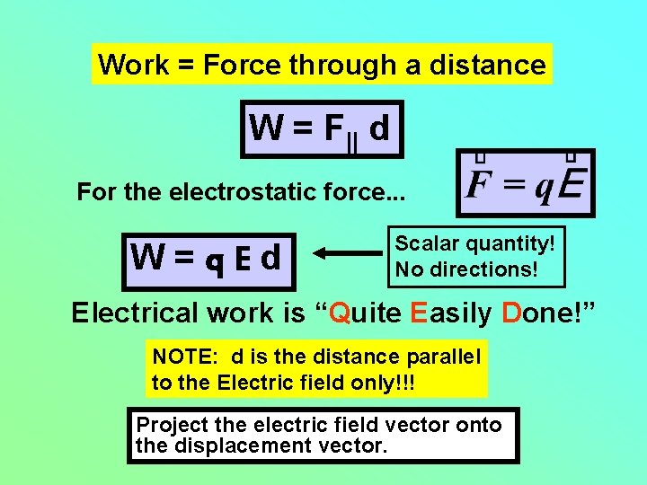 Work = Force through a distance W = F|| d For the electrostatic force.