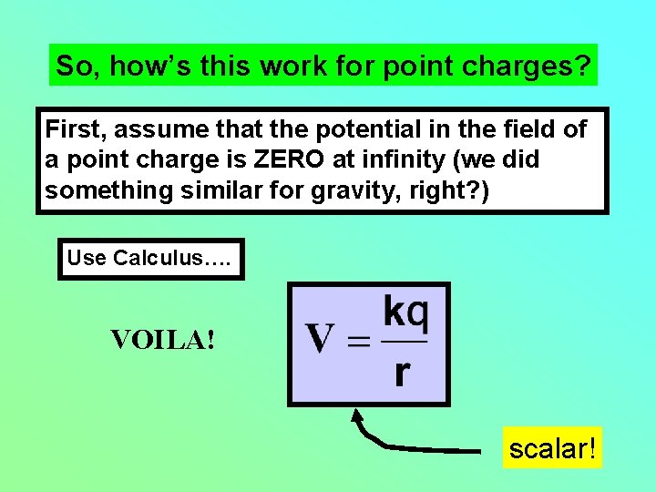 So, how’s this work for point charges? First, assume that the potential in the