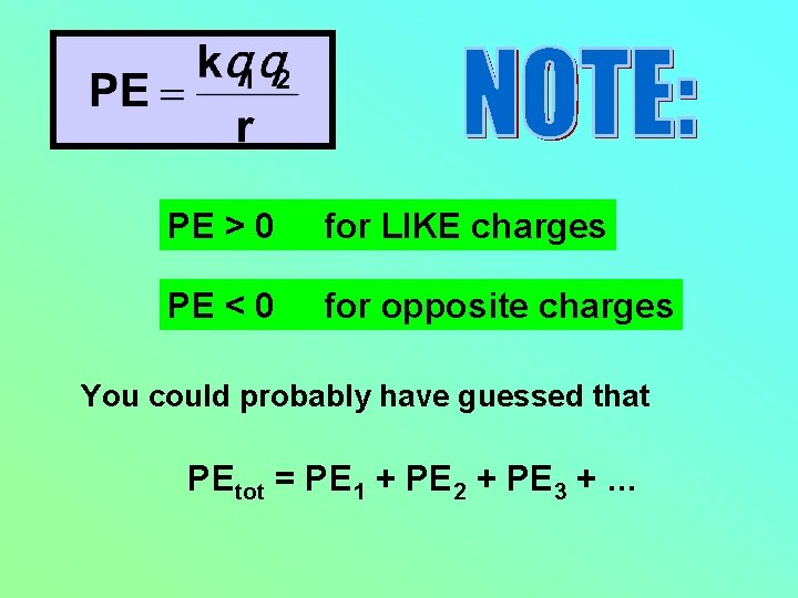 PE > 0 for LIKE charges PE < 0 for opposite charges You could