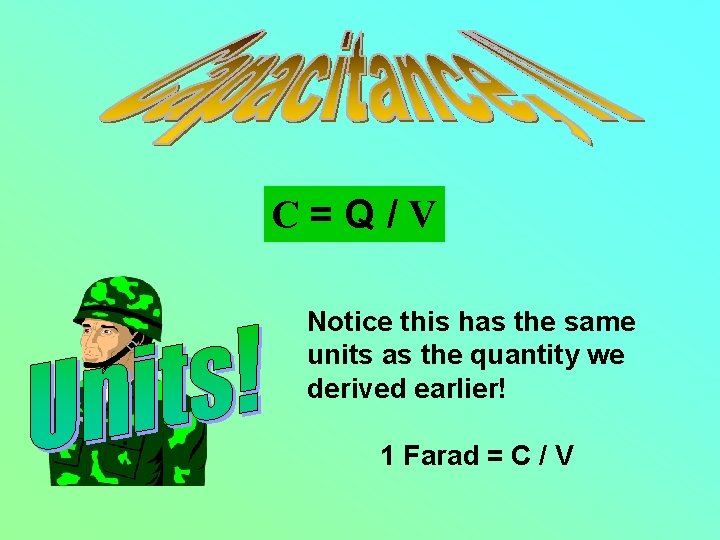 C=Q/V Notice this has the same units as the quantity we derived earlier! 1