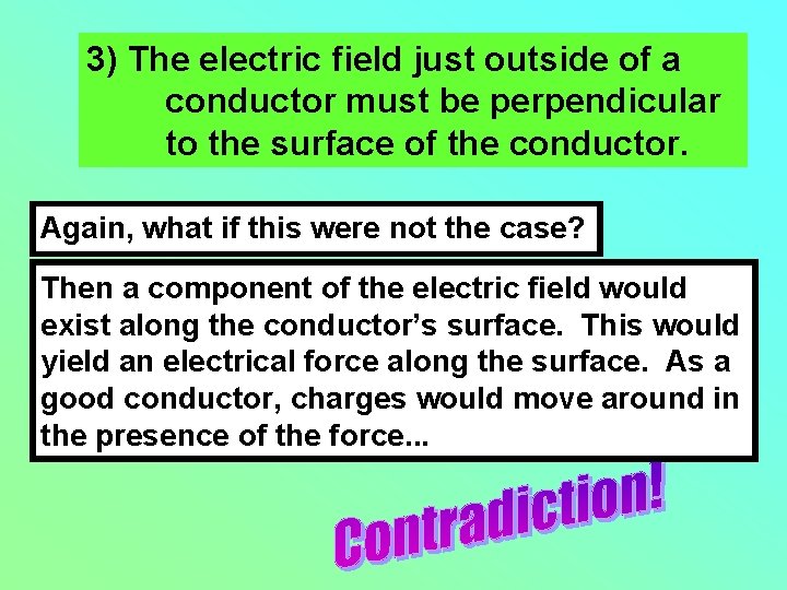 3) The electric field just outside of a conductor must be perpendicular to the