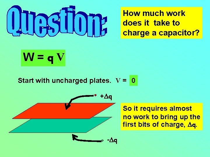 How much work does it take to charge a capacitor? W=q. V Start with