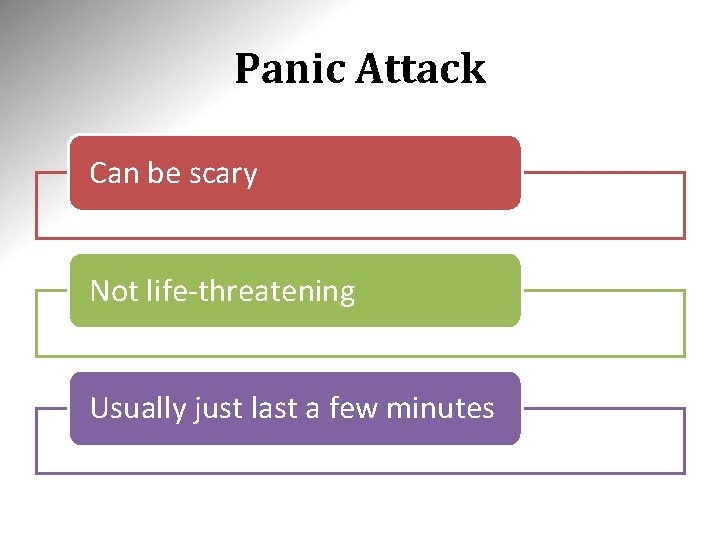 Panic Attack Can be scary Not life-threatening Usually just last a few minutes 