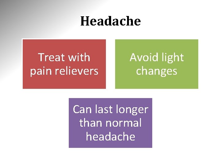 Headache Treat with pain relievers Avoid light changes Can last longer than normal headache