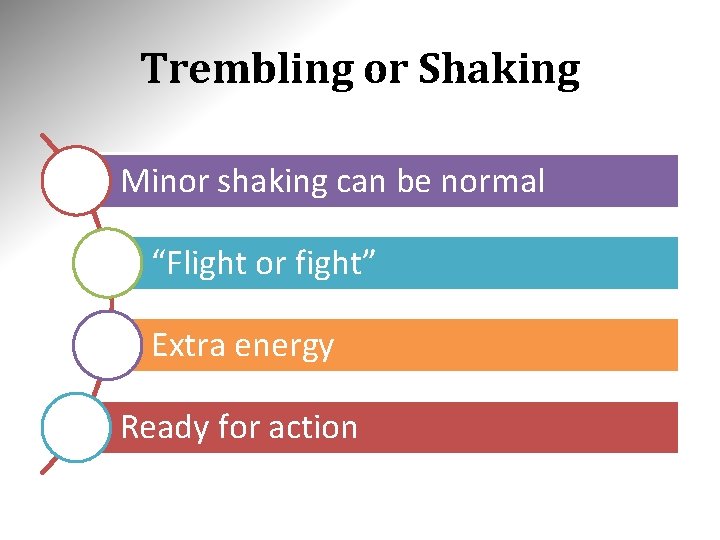 Trembling or Shaking Minor shaking can be normal “Flight or fight” Extra energy Ready