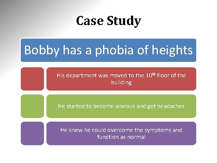 Case Study Bobby has a phobia of heights His department was moved to the