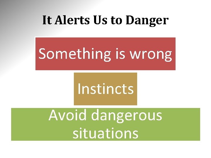 It Alerts Us to Danger Something is wrong Instincts Avoid dangerous situations 
