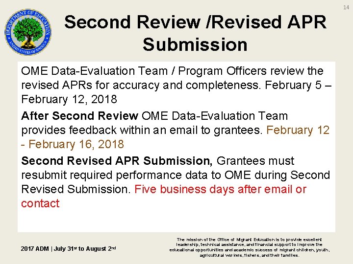 14 Second Review /Revised APR Submission OME Data-Evaluation Team / Program Officers review the