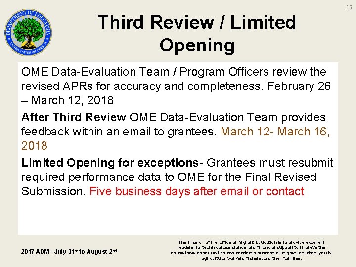 15 Third Review / Limited Opening OME Data-Evaluation Team / Program Officers review the