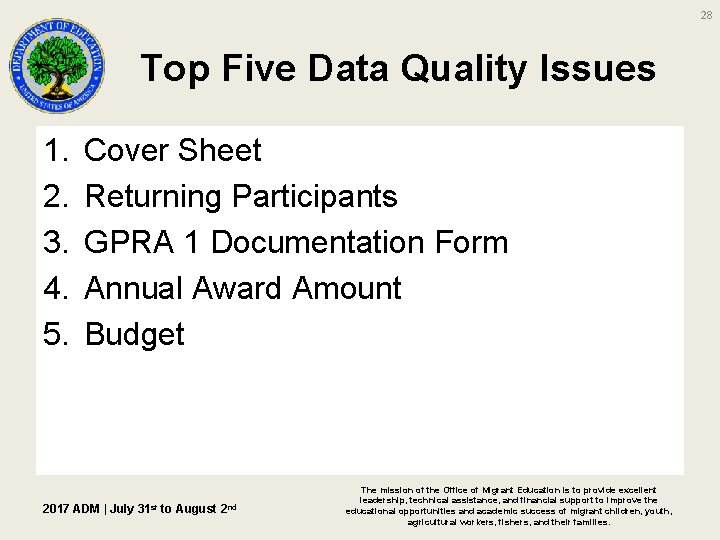 28 Top Five Data Quality Issues 1. 2. 3. 4. 5. Cover Sheet Returning