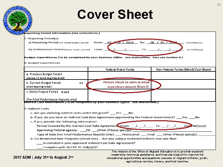 29 Cover Sheet a. Previous Budget Period (previous 12 -month Reporting Period) b. Current