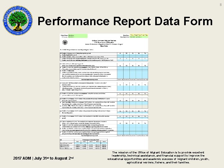 8 Performance Report Data Form 2017 ADM | July 31 st to August 2