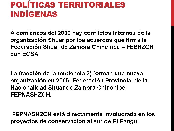 POLÍTICAS TERRITORIALES INDÍGENAS A comienzos del 2000 hay conflictos internos de la organización Shuar