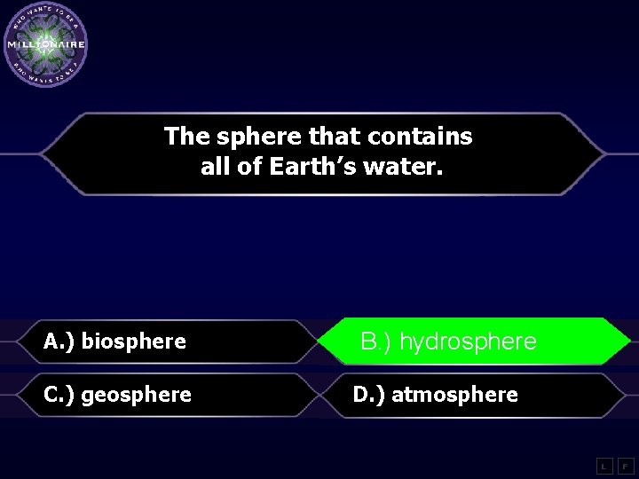 The sphere that contains all of Earth’s water. A. ) biosphere B. )hydrosphere B.