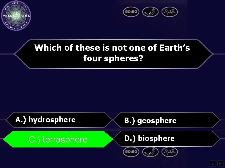Which of these is not one of Earth’s four spheres? A. ) hydrosphere B.
