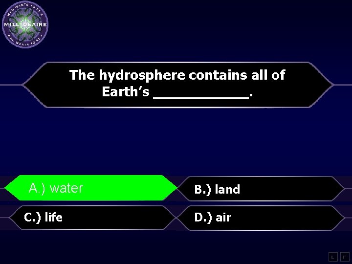 The hydrosphere contains all of Earth’s ______. A. )water B. ) land C. )