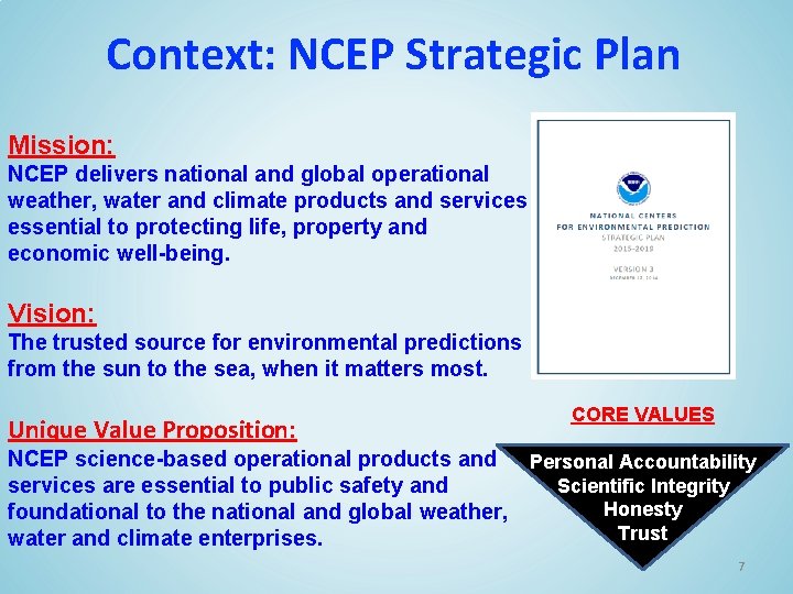 Context: NCEP Strategic Plan Mission: NCEP delivers national and global operational weather, water and