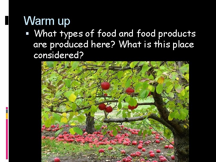 Warm up What types of food and food products are produced here? What is