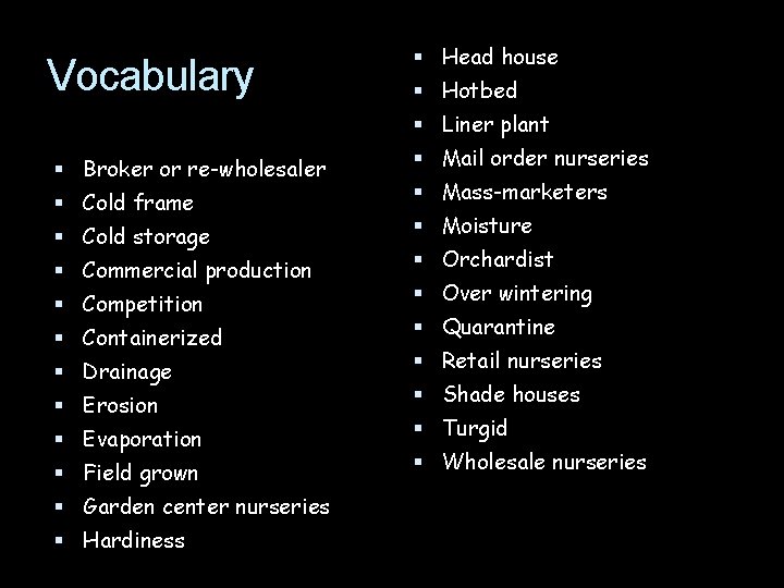 Vocabulary Head house Hotbed Liner plant Broker or re-wholesaler Cold frame Cold storage Commercial