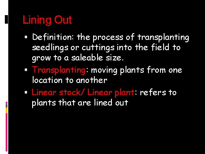 Lining Out Definition: the process of transplanting seedlings or cuttings into the field to