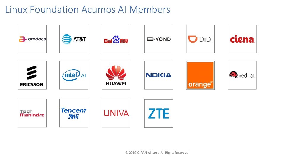 Linux Foundation Acumos AI Members © 2019 O-RAN Alliance All Rights Reserved 