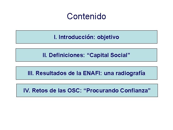 Contenido I. Introducción: objetivo II. Definiciones: “Capital Social” III. Resultados de la ENAFI: una Contenido I. Introducción: objetivo II. Definiciones: “Capital Social” III. Resultados de la ENAFI: una