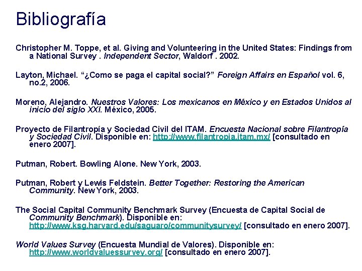 Bibliografía Christopher M. Toppe, et al. Giving and Volunteering in the United States: Findings Bibliografía Christopher M. Toppe, et al. Giving and Volunteering in the United States: Findings