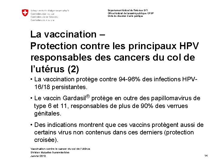 Département fédéral de l'intérieur DFI Office fédéral de la santé publique OFSP Unité de