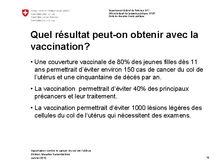 Département fédéral de l'intérieur DFI Office fédéral de la santé publique OFSP Unité de