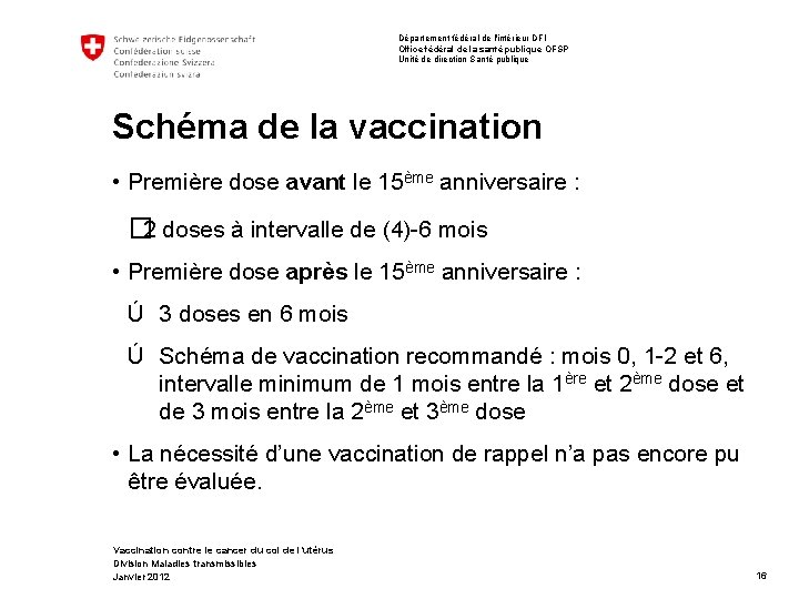 Département fédéral de l'intérieur DFI Office fédéral de la santé publique OFSP Unité de