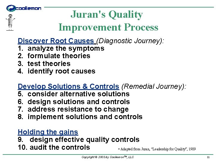 Juran's Quality Improvement Process Discover Root Causes (Diagnostic Journey): 1. analyze the symptoms 2.