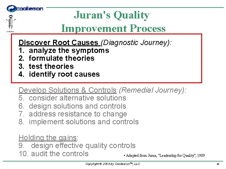 Juran's Quality Improvement Process Discover Root Causes (Diagnostic Journey): 1. analyze the symptoms 2.