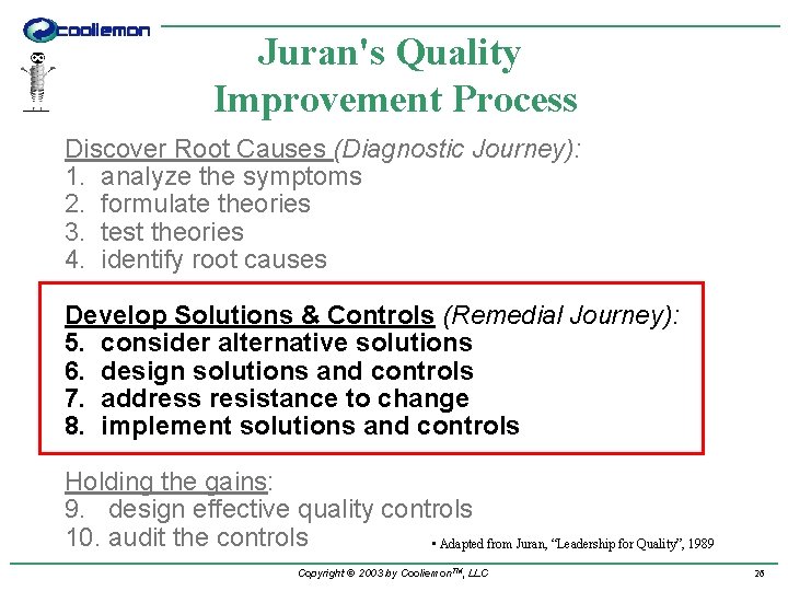 Juran's Quality Improvement Process Discover Root Causes (Diagnostic Journey): 1. analyze the symptoms 2.