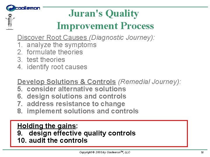 Juran's Quality Improvement Process Discover Root Causes (Diagnostic Journey): 1. analyze the symptoms 2.