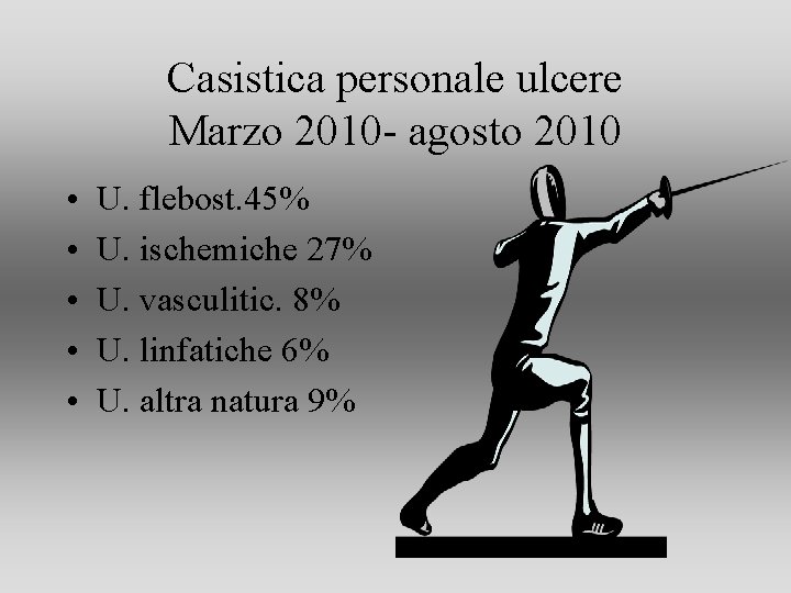 Casistica personale ulcere Marzo 2010 - agosto 2010 • • • U. flebost. 45% Casistica personale ulcere Marzo 2010 - agosto 2010 • • • U. flebost. 45%