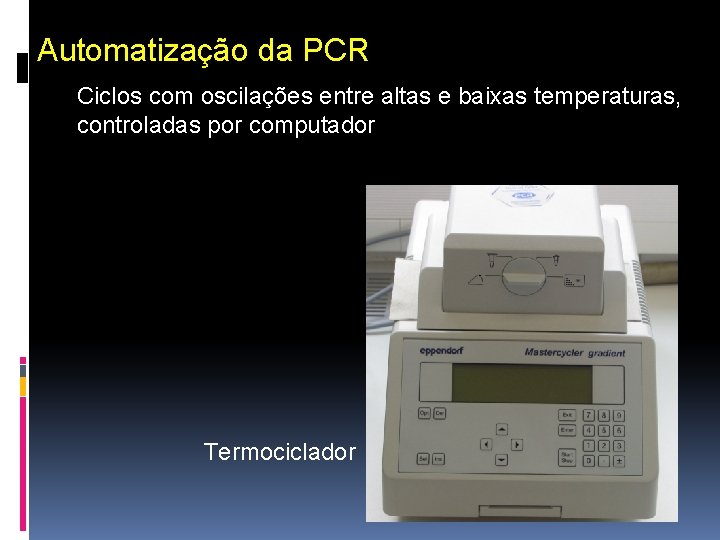 Automatização da PCR Ciclos com oscilações entre altas e baixas temperaturas, controladas por computador