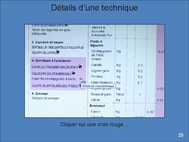 Détails d’une technique Cliquer sur une croix rouge… 25 