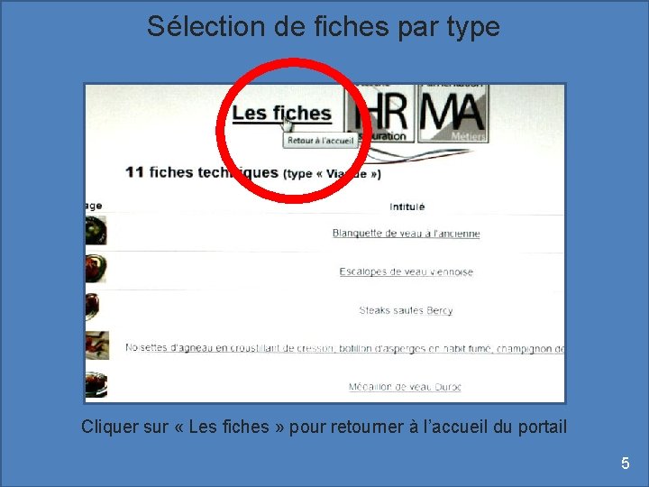 Sélection de fiches par type Cliquer sur « Les fiches » pour retourner à