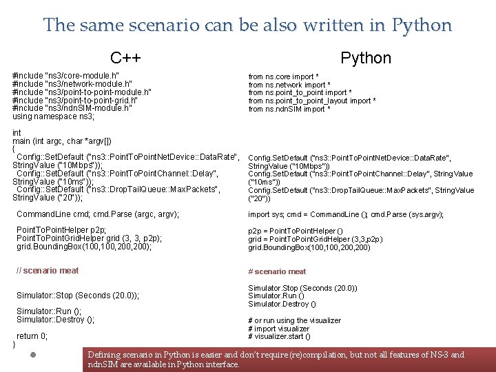 The same scenario can be also written in Python C++ #include "ns 3/core-module. h"