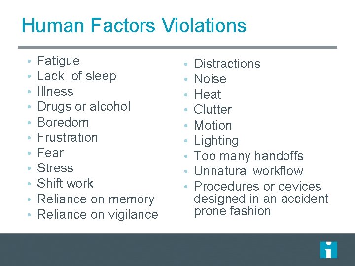 Human Factors Violations • • • Fatigue Lack of sleep Illness Drugs or alcohol Human Factors Violations • • • Fatigue Lack of sleep Illness Drugs or alcohol