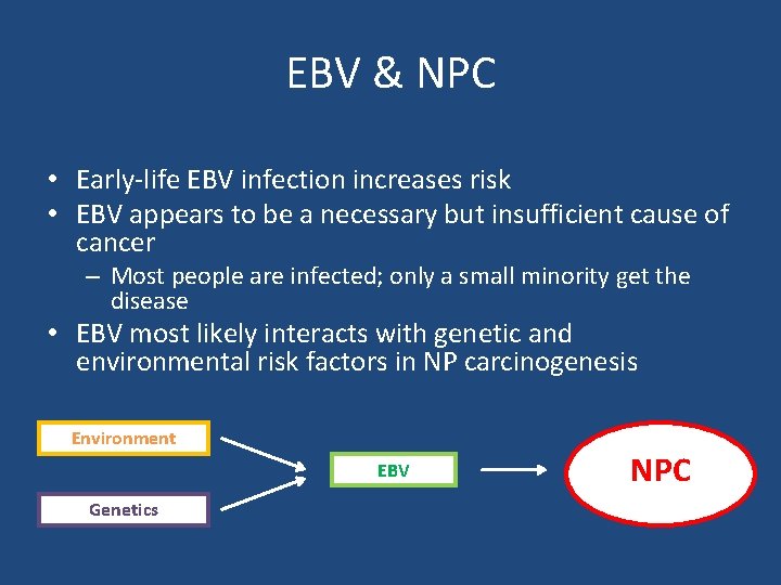 EBV & NPC • Early-life EBV infection increases risk • EBV appears to be