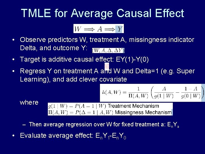 TMLE for Average Causal Effect • Observe predictors W, treatment A, missingness indicator Delta, TMLE for Average Causal Effect • Observe predictors W, treatment A, missingness indicator Delta,