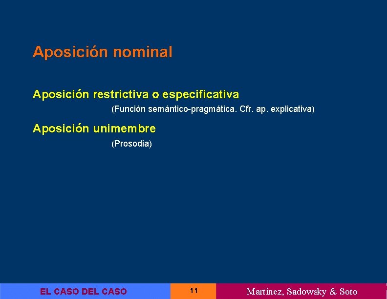 Aposición nominal Aposición restrictiva o especificativa (Función semántico-pragmática. Cfr. ap. explicativa) Aposición unimembre (Prosodia)