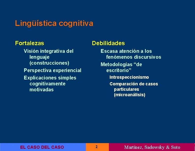 Lingüística cognitiva Fortalezas Debilidades Visión integrativa del lenguaje (construcciones) Perspectiva experiencial Explicaciones simples cognitivamente