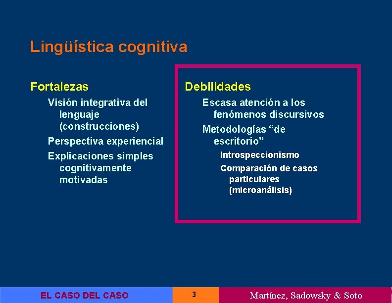 Lingüística cognitiva Fortalezas Debilidades Visión integrativa del lenguaje (construcciones) Perspectiva experiencial Explicaciones simples cognitivamente