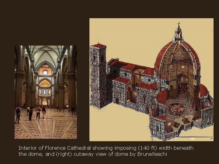 Interior of Florence Cathedral showing imposing (140 ft) width beneath the dome, and (right)