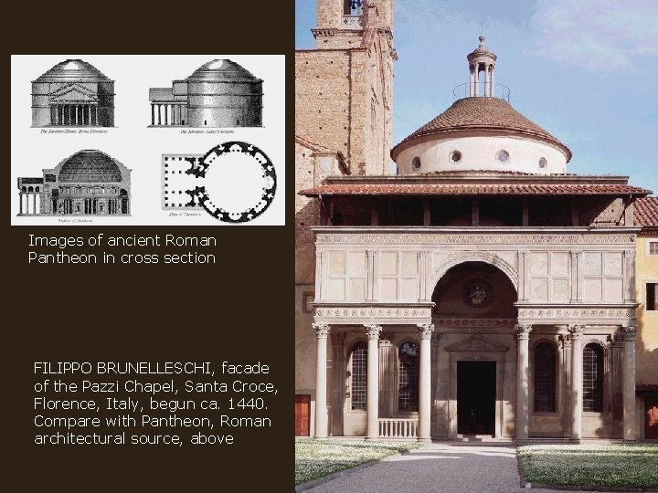 Images of ancient Roman Pantheon in cross section FILIPPO BRUNELLESCHI, facade of the Pazzi
