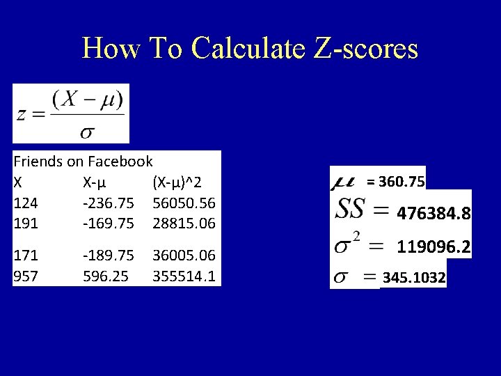 How To Calculate Z-scores Friends on Facebook X X-μ (X-μ)^2 124 -236. 75 56050.