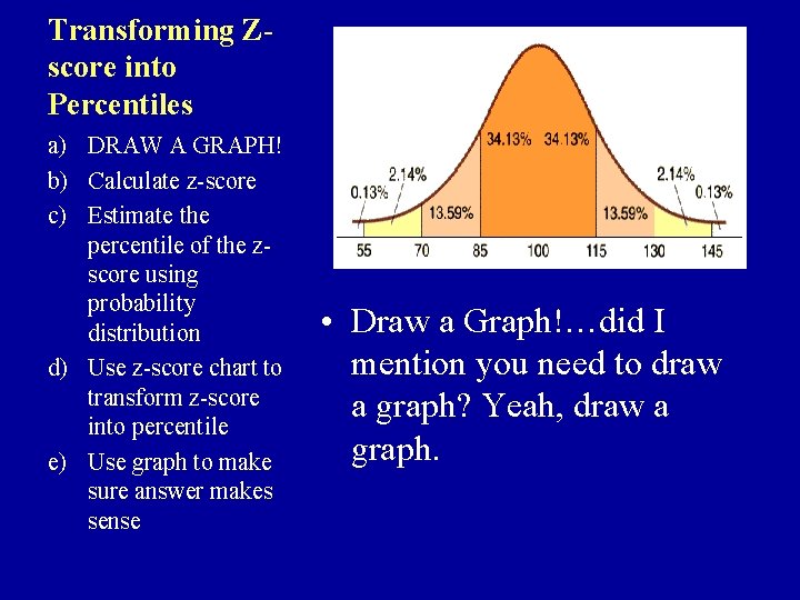 Transforming Zscore into Percentiles a) DRAW A GRAPH! b) Calculate z-score c) Estimate the