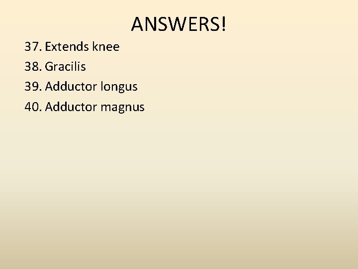 ANSWERS! 37. Extends knee 38. Gracilis 39. Adductor longus 40. Adductor magnus 